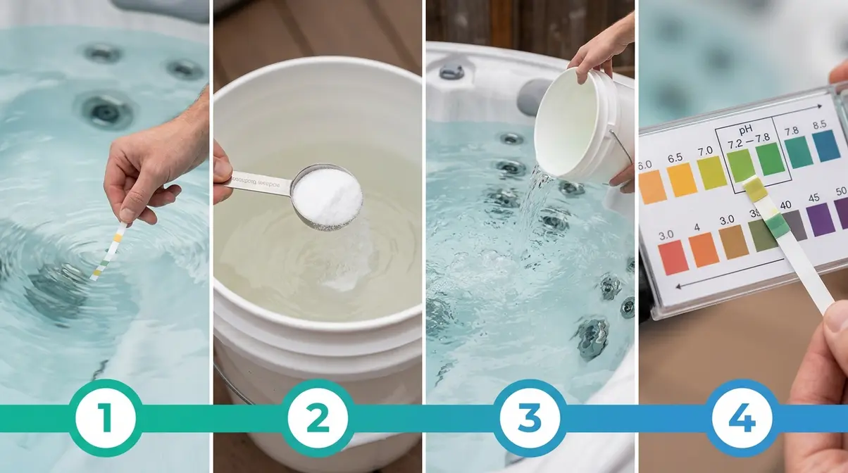 How to Manage Hot Tub pH Levels: Beginner's Guide 2 Four-step sequence showing how to balance hot tub pH levels from testing to chemical addition