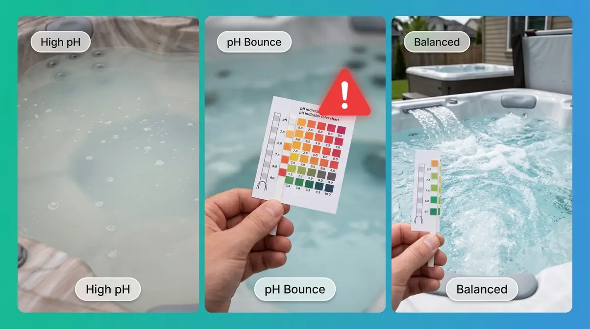 How to Manage Hot Tub pH Levels: Beginner's Guide 5 Comparison of cloudy high-pH hot tub water versus clear balanced water after proper pH correction