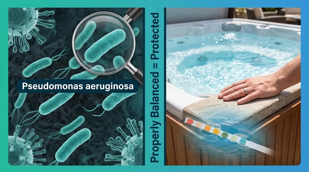 How to Manage Hot Tub pH Levels: Beginner's Guide 7 Pseudomonas aeruginosa bacteria illustration contrasted with clean balanced hot tub water for safety