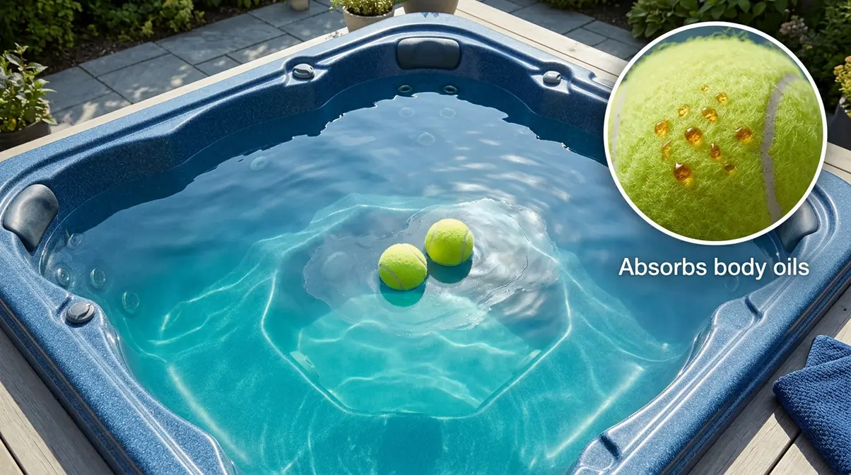 How to Manage Hot Tub pH Levels: Beginner's Guide 8 Yellow tennis balls floating in hot tub water absorbing body oils and lotions from the surface