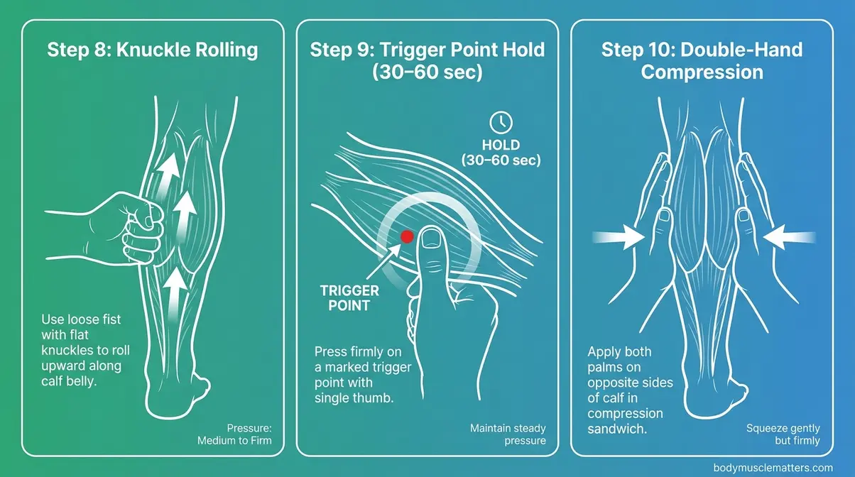 Three-panel diagram of advanced calf techniques: knuckle rolling, trigger point hold, and double-hand compression