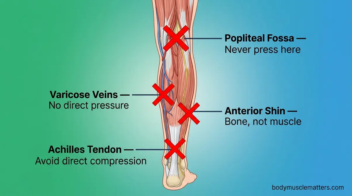 Medical diagram showing four areas to avoid during calf massage including popliteal fossa and Achilles tendon