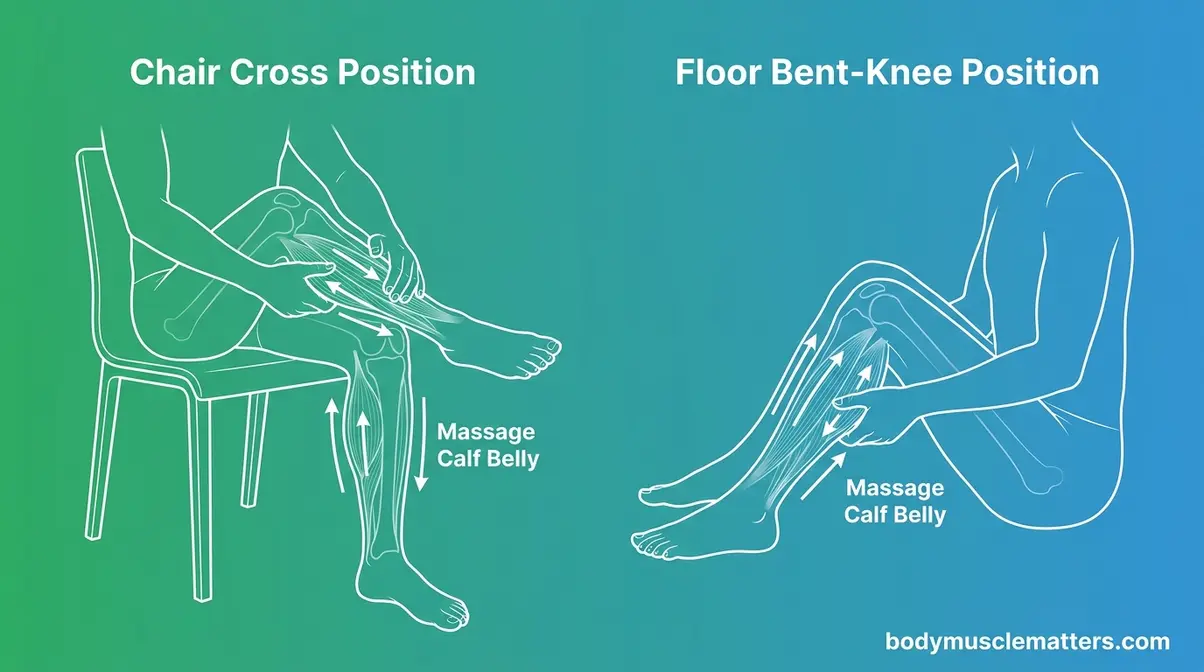 Diagram showing two correct seated positions for calf self-massage at home