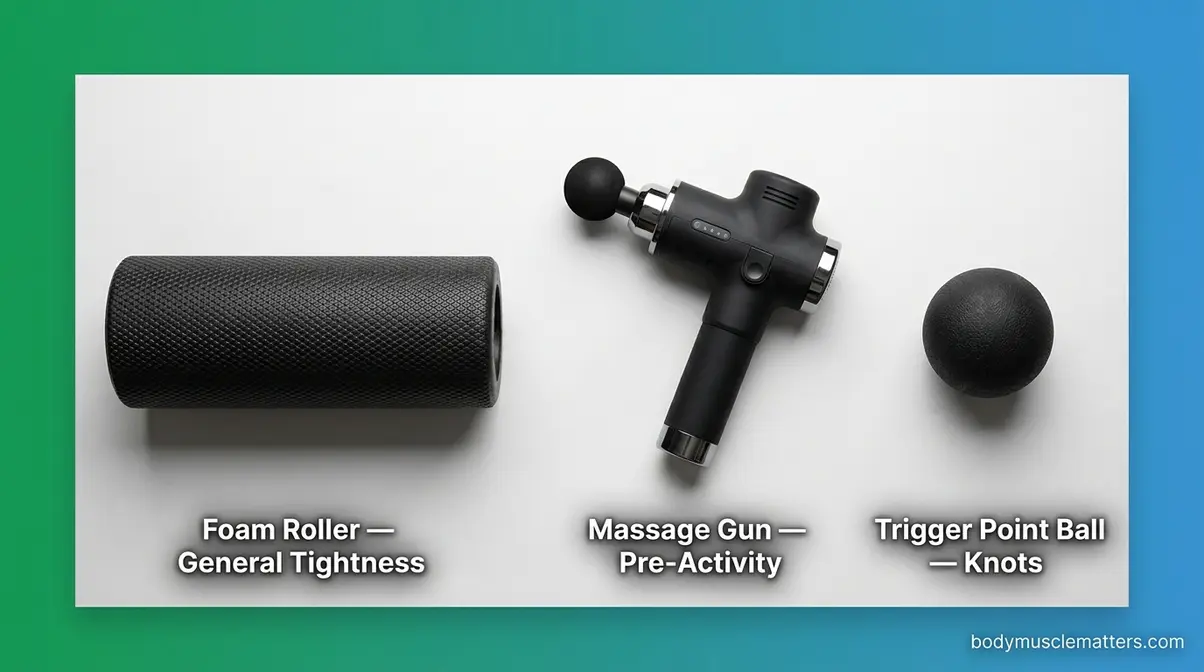 Three calf massage tools arranged side by side: foam roller, massage gun, and trigger point ball