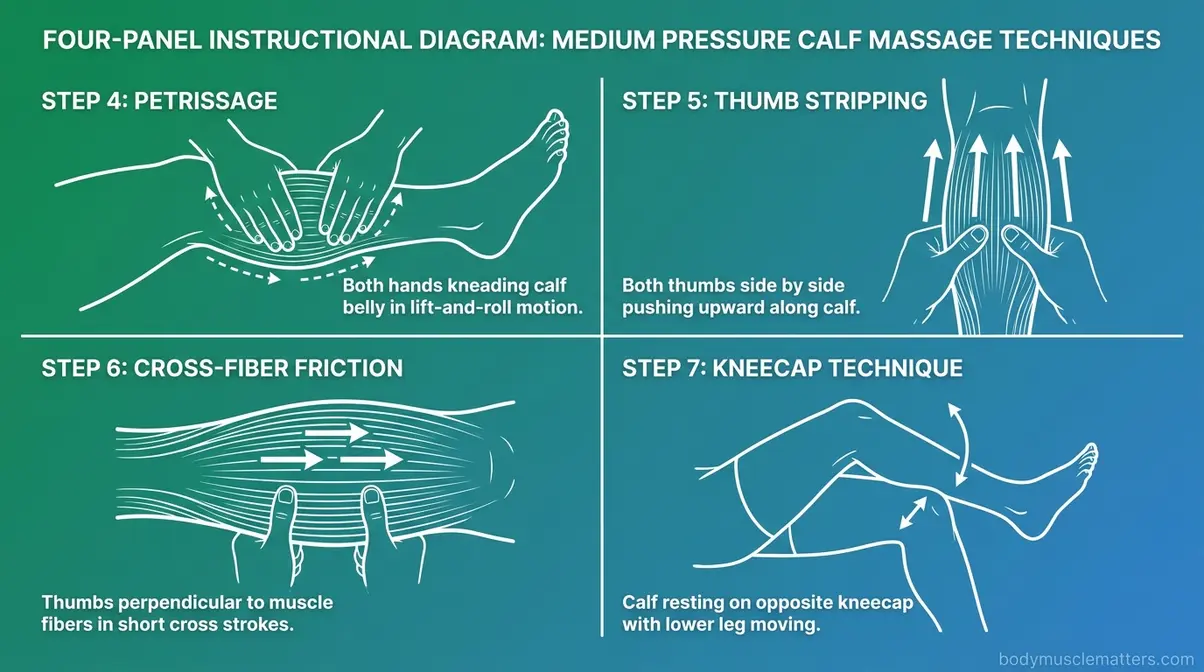Four-panel diagram of medium pressure calf techniques: petrissage, thumb stripping, cross-fiber friction, kneecap technique