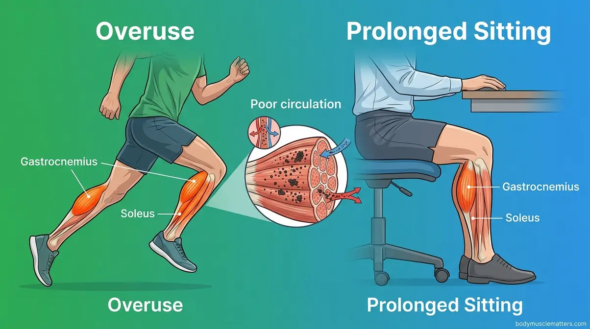 Illustration showing how overuse and prolonged sitting cause calf muscle tightness and poor circulation