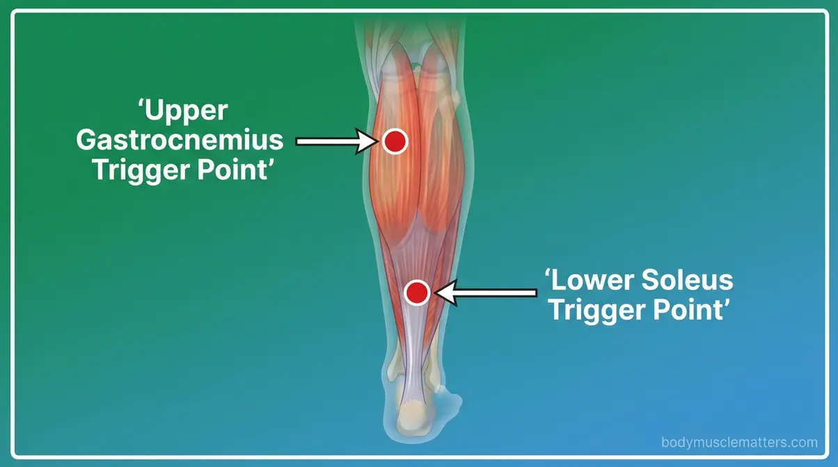 Anatomy diagram showing trigger point locations in the gastrocnemius and soleus calf muscles