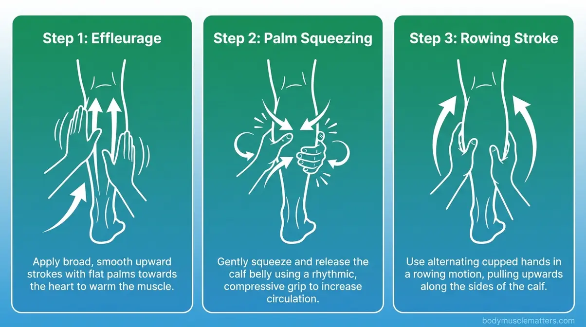 Three-panel diagram of calf warming techniques: effleurage, palm squeezing, and rowing stroke