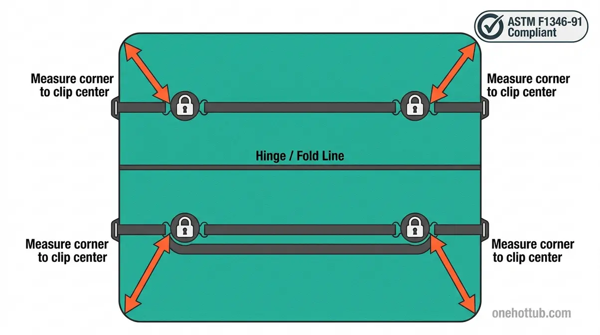Diagram of ASTM F1346-91 compliant safety strap placement on a rectangular hot tub cover with locking buckles