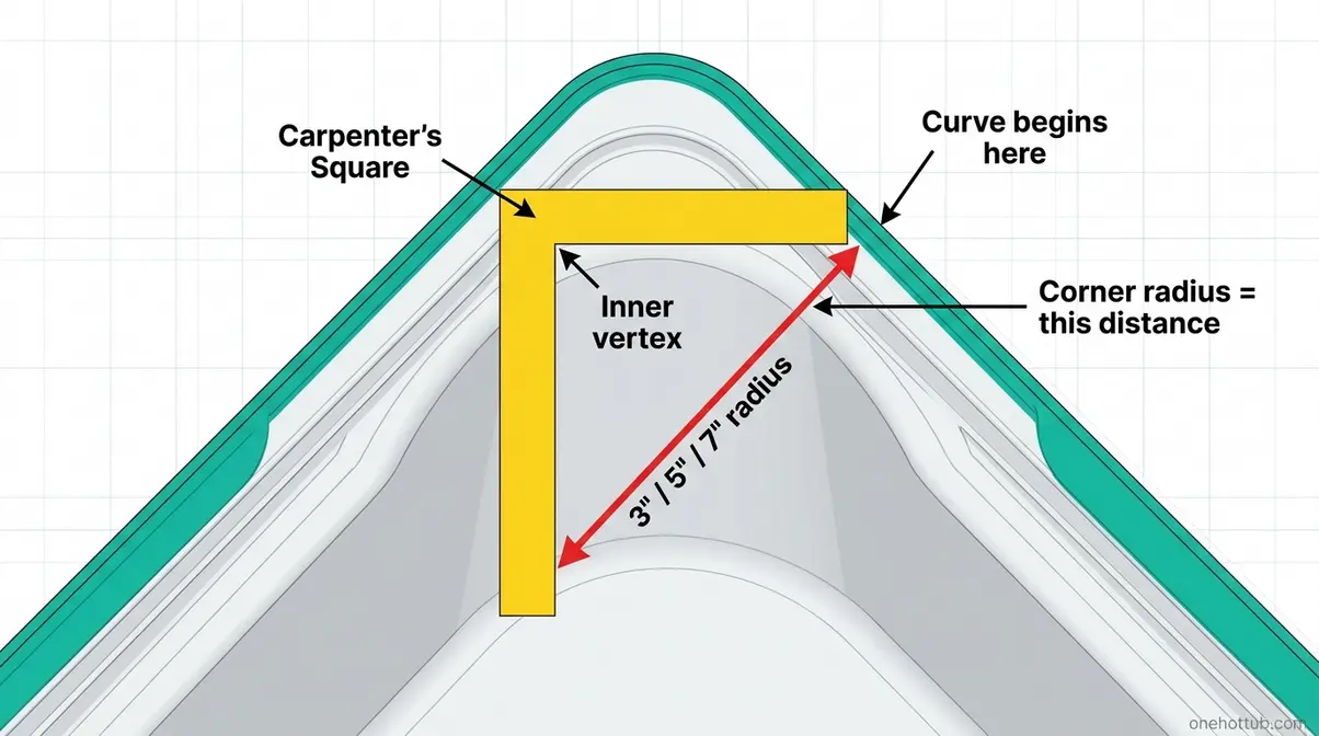 Technical diagram showing carpenter's square placed at hot tub corner to measure the corner radius accurately