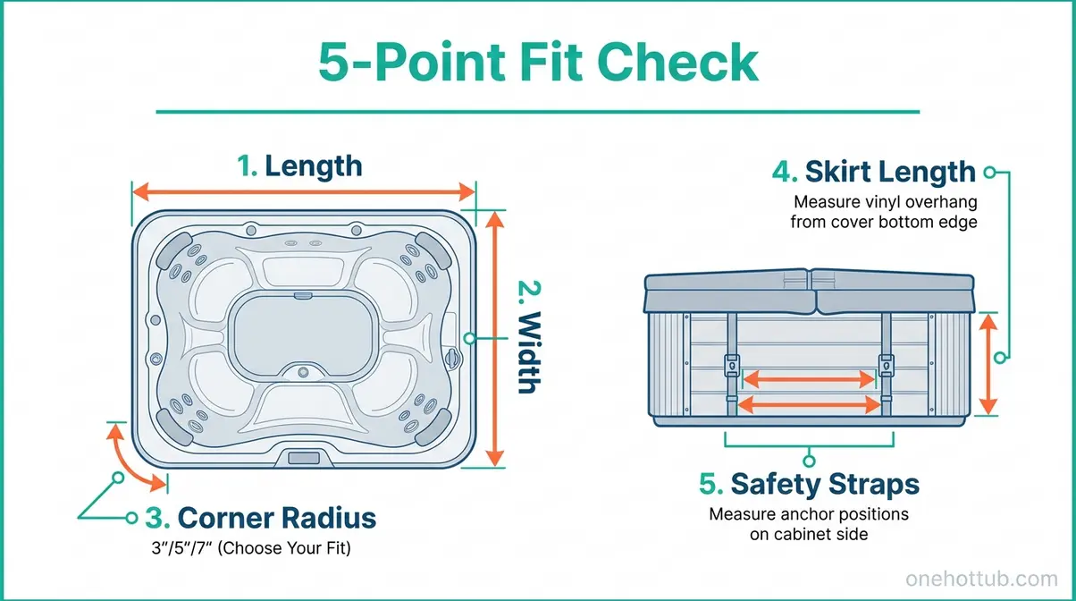 Infographic showing five hot tub cover measurements: length, width, corner radius, skirt length, and safety straps