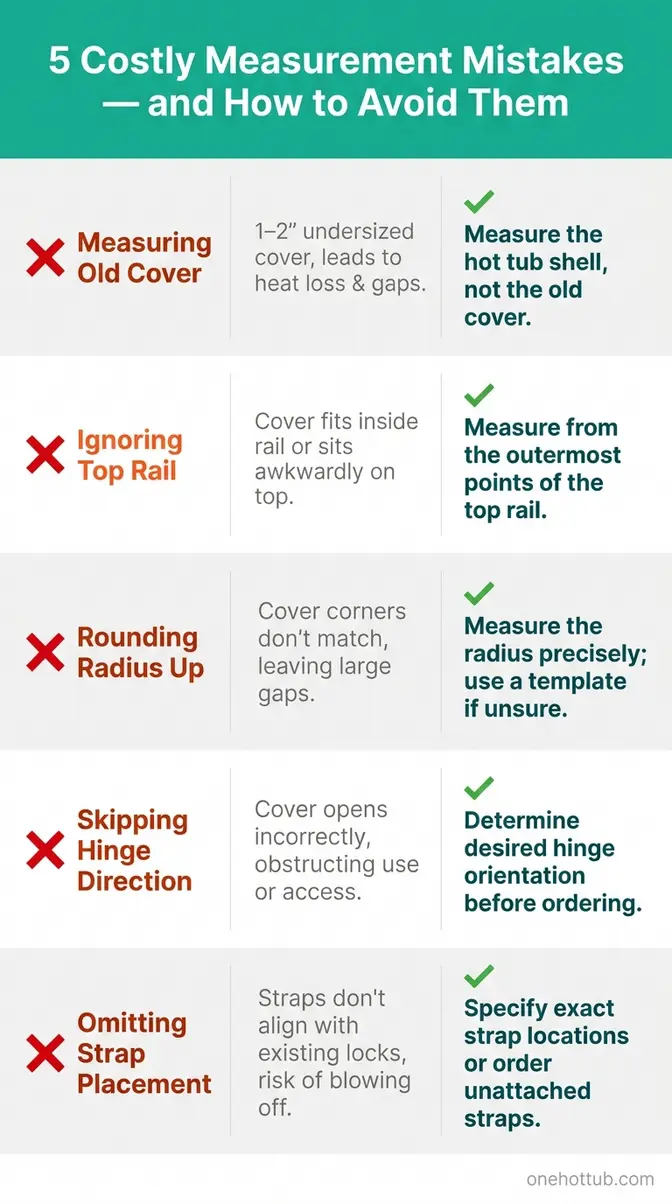 Chart listing five common hot tub cover measurement mistakes with correct methods shown side by side