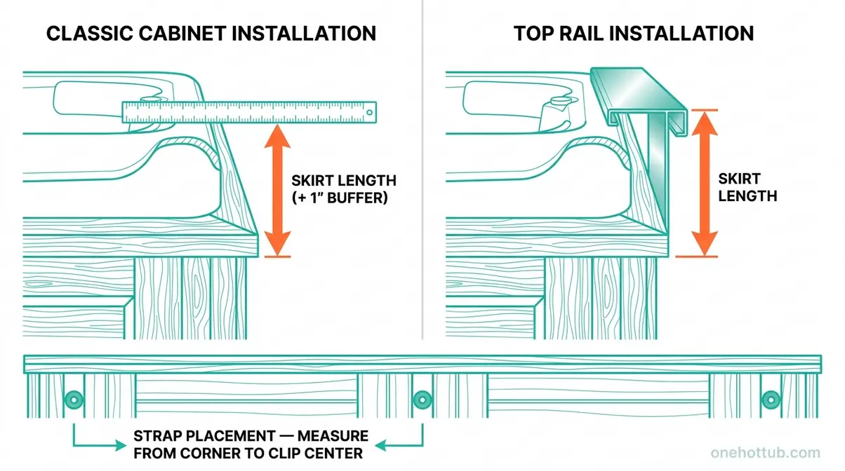 Diagram showing skirt length measurement for classic cabinet and top rail hot tub installations side by side