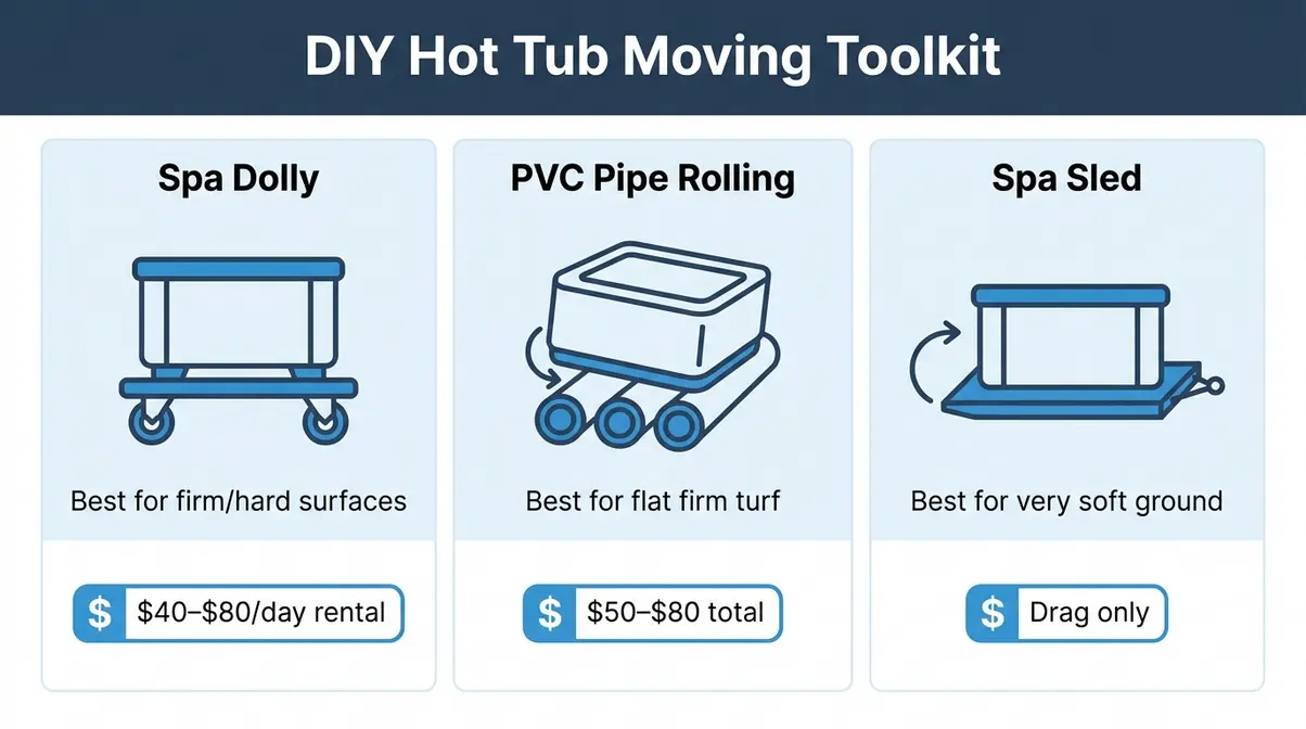 How to Move a Hot Tub on Grass: Step-by-Step Guide 1 Infographic comparing spa dolly, PVC pipe rolling, and spa sled methods for moving a hot tub on grass