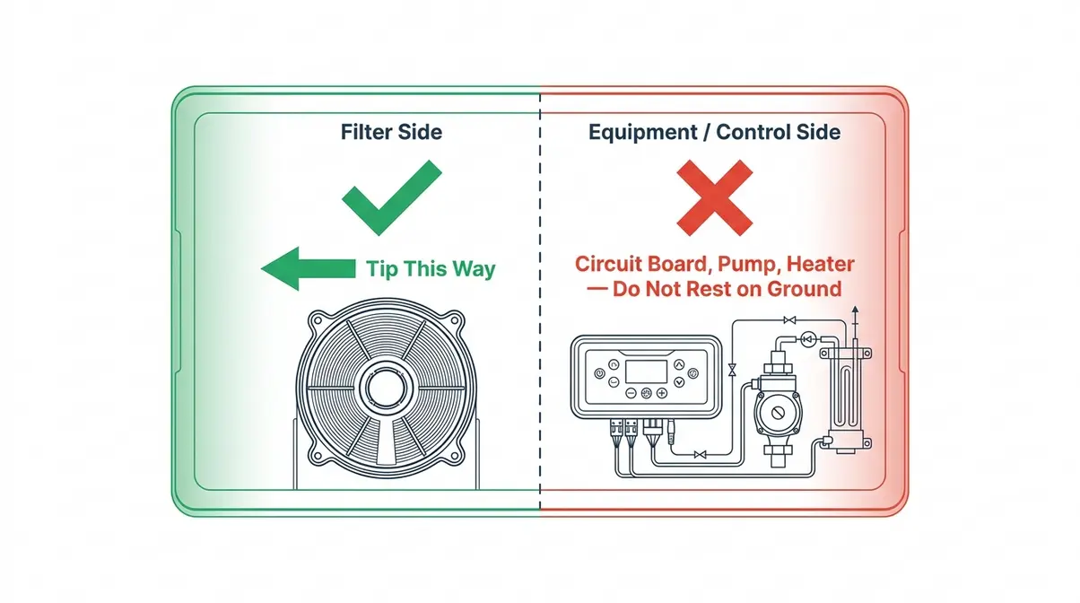 How to Move a Hot Tub on Grass: Step-by-Step Guide 8 Diagram identifying the filter side versus equipment side of a hot tub for safe tipping on grass