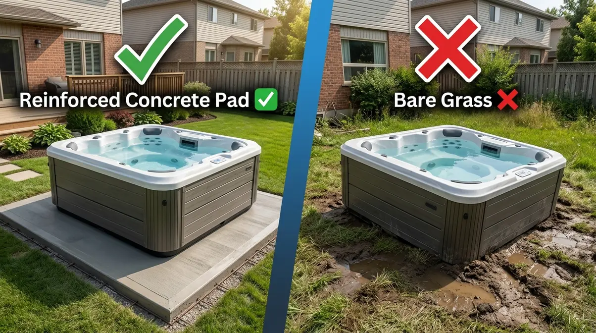 How to Move a Hot Tub on Grass: Step-by-Step Guide 7 Comparison of correct hot tub placement on reinforced concrete pad versus incorrect placement on bare grass