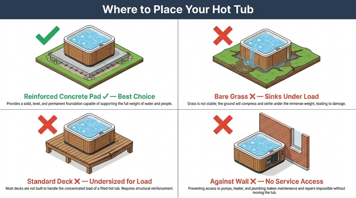 How to Move a Hot Tub on Grass: Step-by-Step Guide 11 Diagram comparing correct and incorrect hot tub placement options including grass versus concrete pad and non-reinforced deck