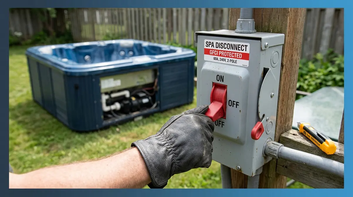 How to Move a Hot Tub on Grass: Step-by-Step Guide 2 Gloved hand switching outdoor GFCI disconnect box to OFF before moving a hot tub