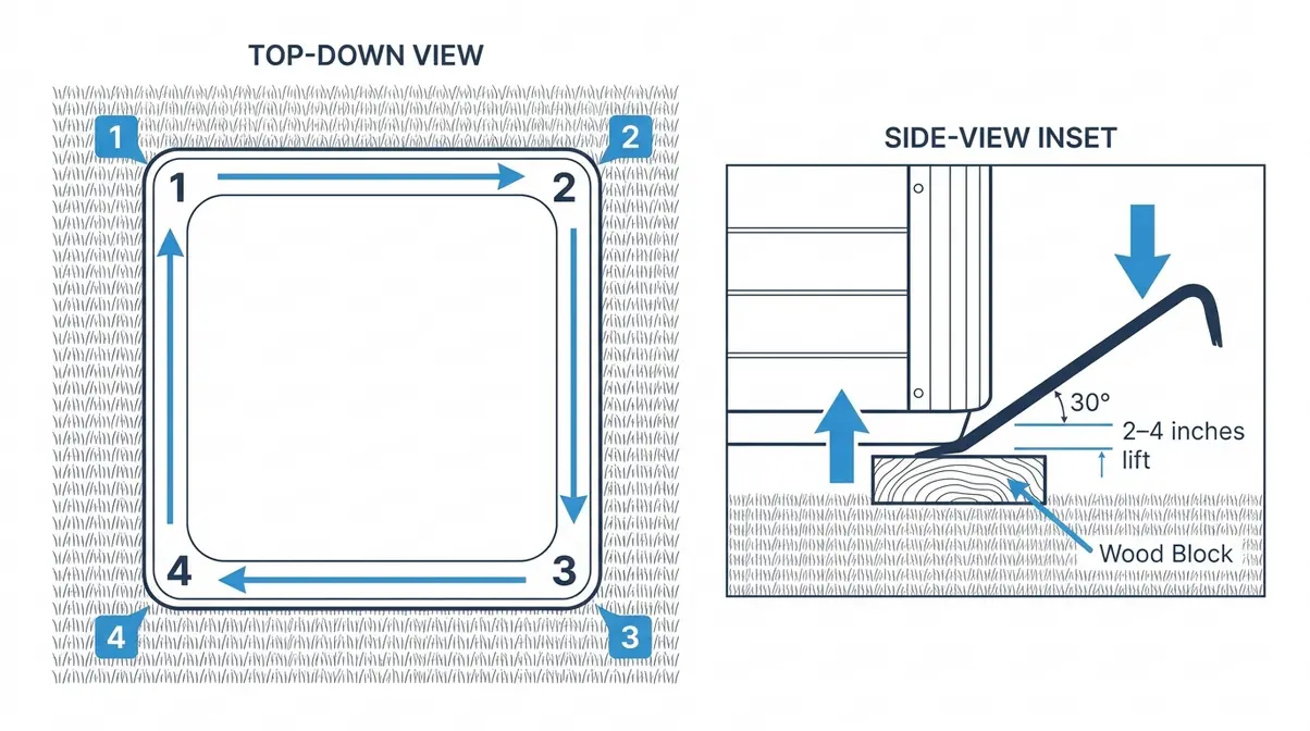 How to Move a Hot Tub on Grass: Step-by-Step Guide 6 Diagram showing how to lift a hot tub using a pry bar and wood blocks at each corner on grass