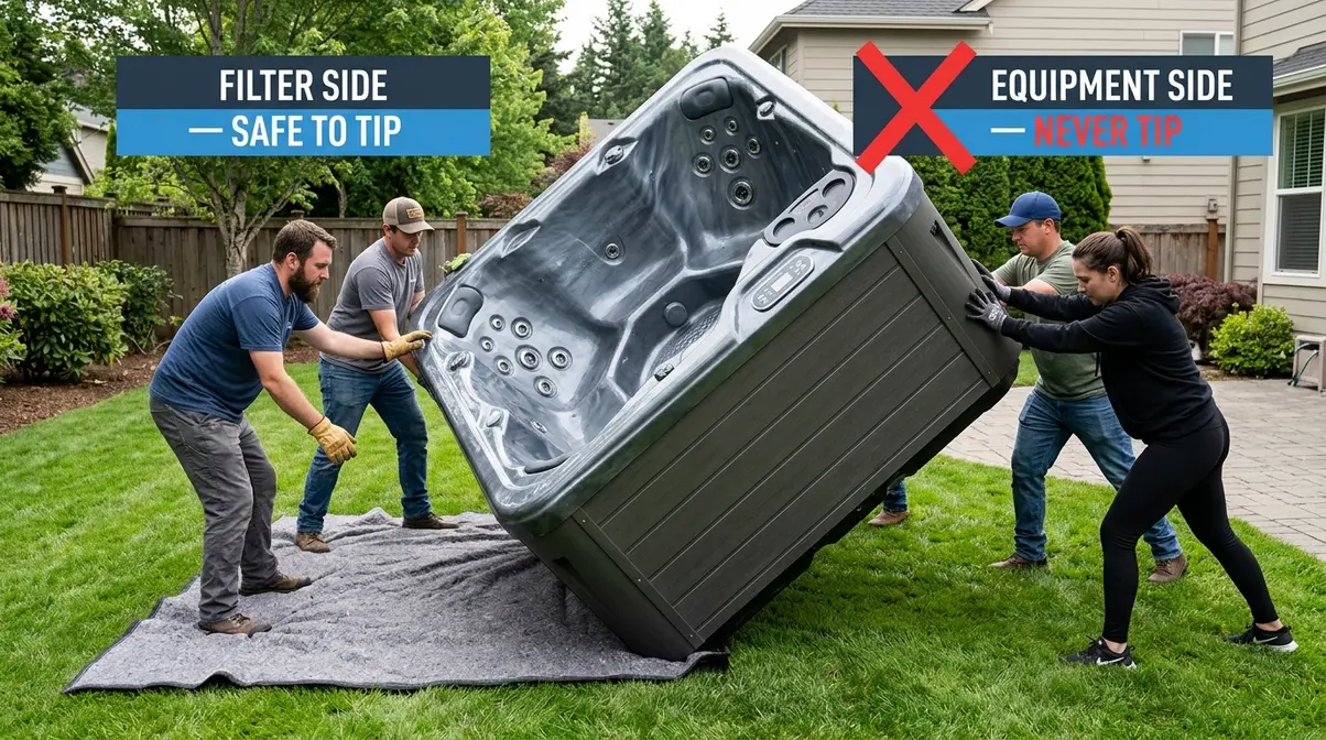 How to Move a Hot Tub on Grass: Step-by-Step Guide 3 Four people tipping a hot tub onto its filter side on grass with moving blanket underneath