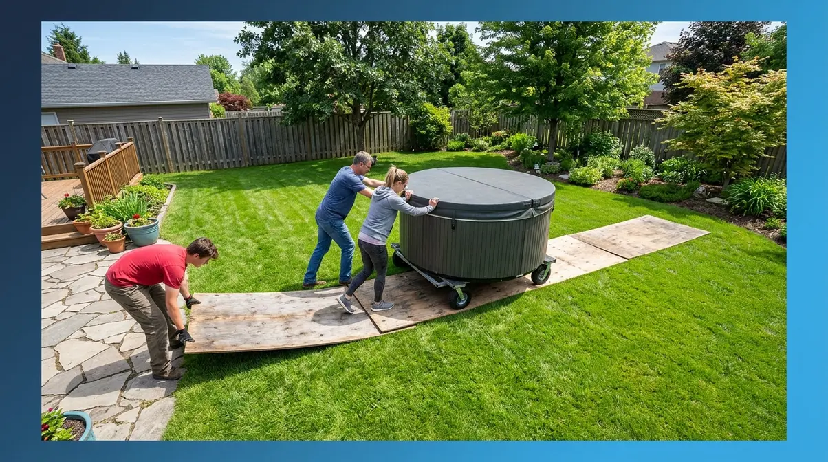 How to Move a Hot Tub on Grass: Step-by-Step Guide 5 Hot tub on dolly rolling along plywood track sheets across grass with team leapfrogging boards