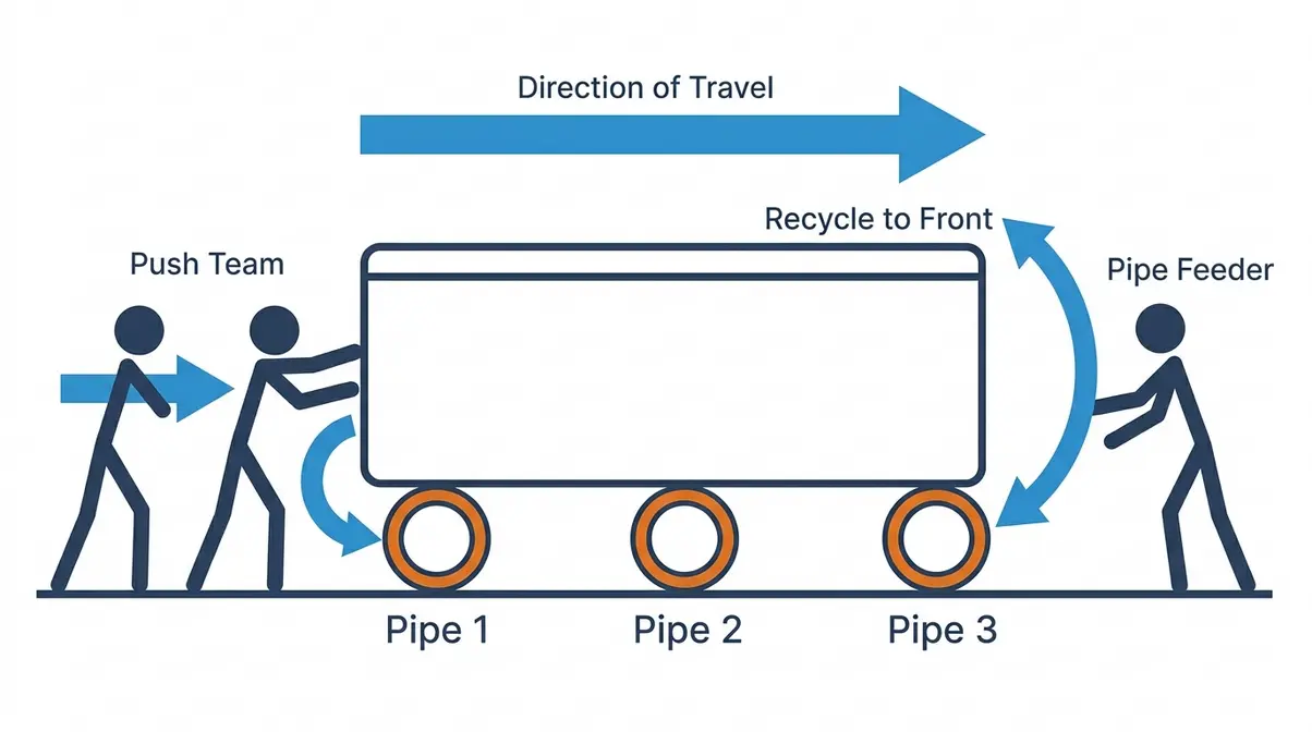 How to Move a Hot Tub on Grass: Step-by-Step Guide 10 Diagram showing PVC pipe rolling method for moving a hot tub on grass with pipe recycling sequence and team positions