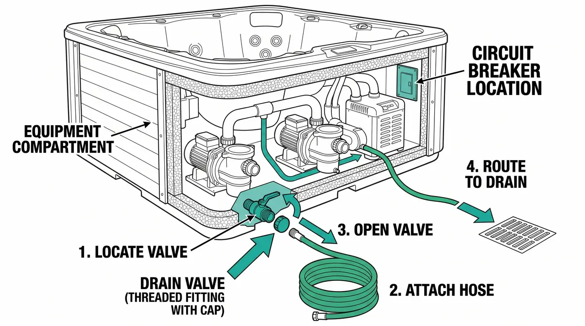How to Move a Hot Tub Safely: Step-by-Step Guide 4 Diagram showing hot tub drain valve location on lower panel near equipment compartment