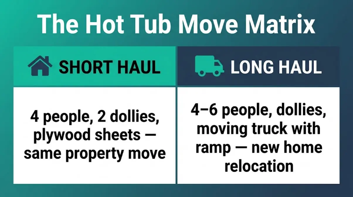 How to Move a Hot Tub Safely: Step-by-Step Guide 1 Hot Tub Move Matrix showing short haul versus long haul moving pathways and equipment requirements
