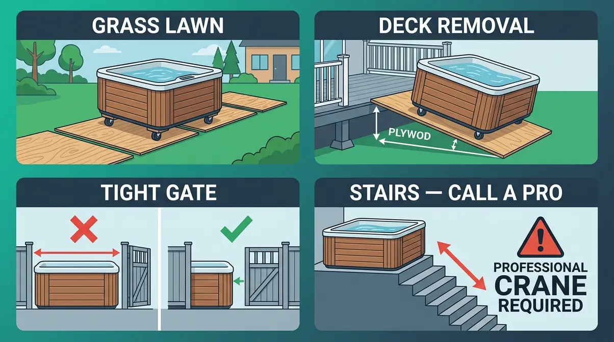 How to Move a Hot Tub Safely: Step-by-Step Guide 7 Four-panel illustration of common hot tub moving obstacles including grass, decks, gates, and stairs