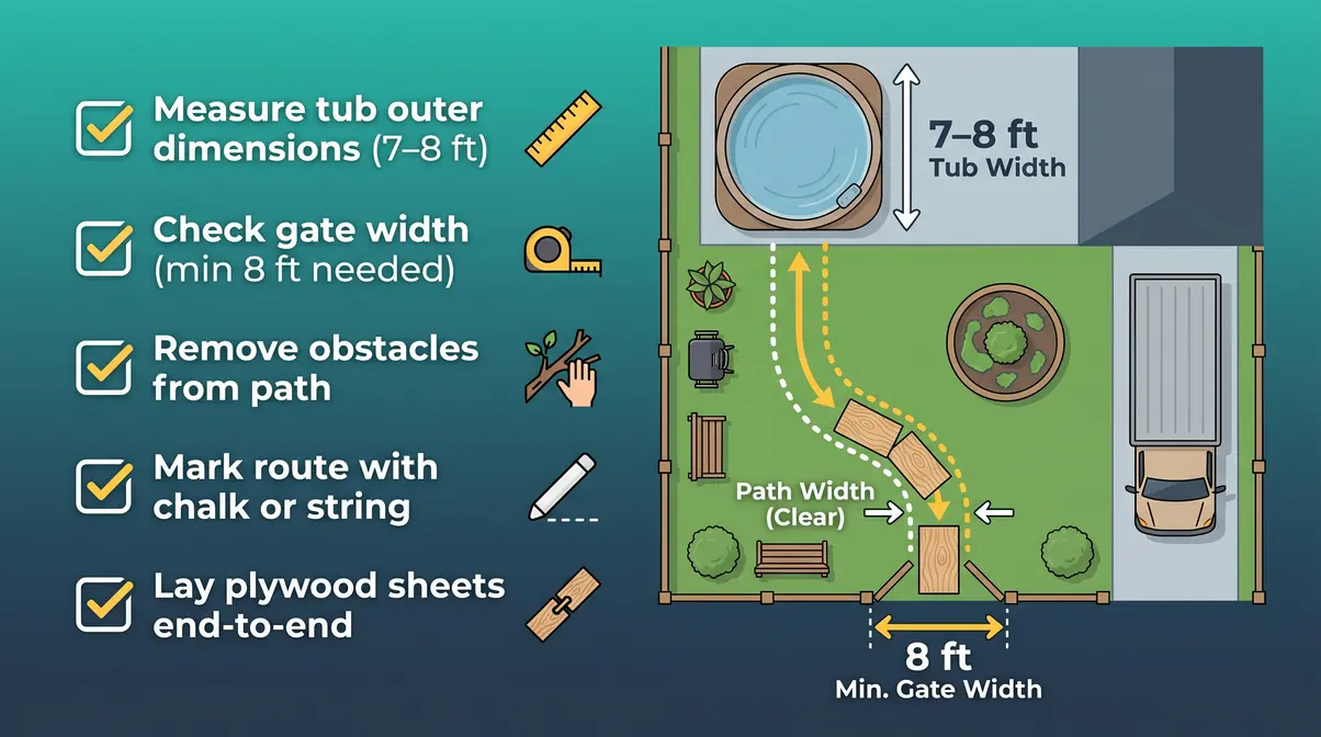 How to Move a Hot Tub Safely: Step-by-Step Guide 5 Checklist infographic for measuring hot tub path clearance including gate width and plywood placement