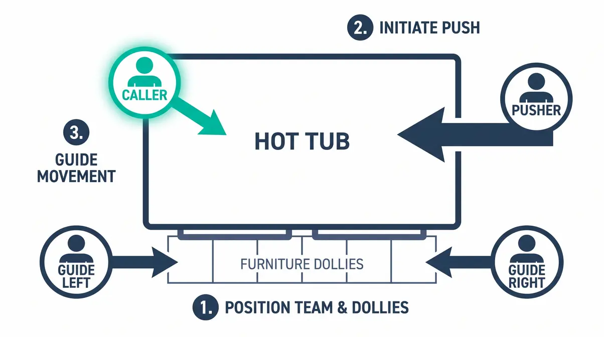 How to Move a Hot Tub Safely: Step-by-Step Guide 6 Diagram showing four-person team positioning around a hot tub for safe lifting and dolly placement