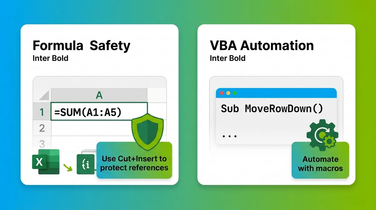 Advanced Excel row movement techniques showing formula safety and VBA automation overview