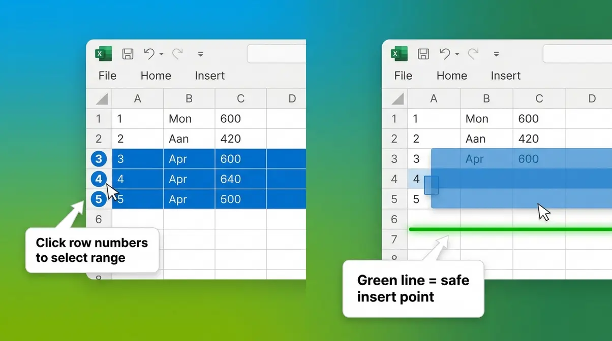 Moving multiple rows at once in Excel using Shift and Drag selection technique