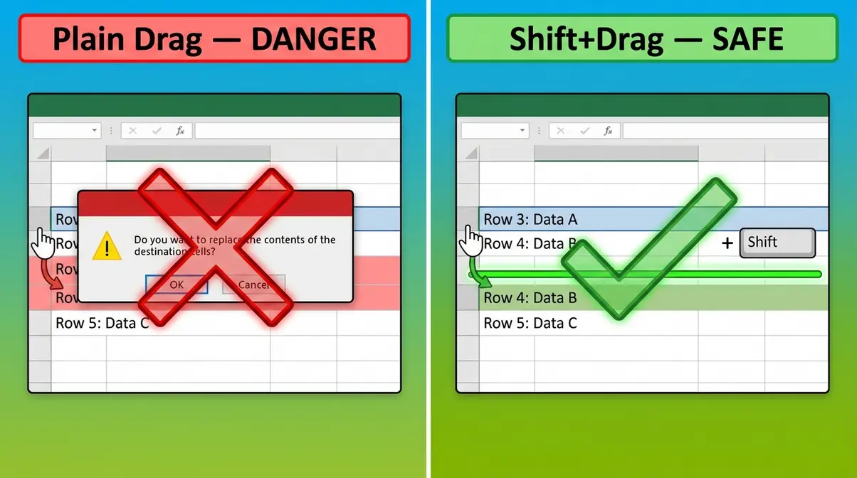 The Replacement Trap in Excel: plain drag overwrites data, Shift+drag inserts safely
