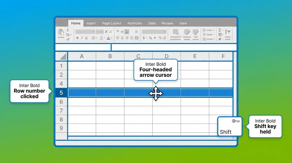 How to move rows in Excel using Shift and Drag showing cursor position and labels