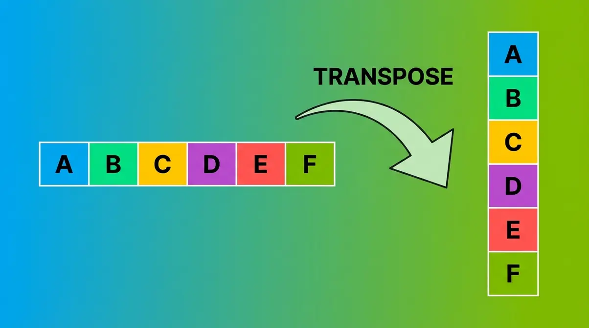 Excel transpose concept showing horizontal row converted to vertical column with arrow diagram