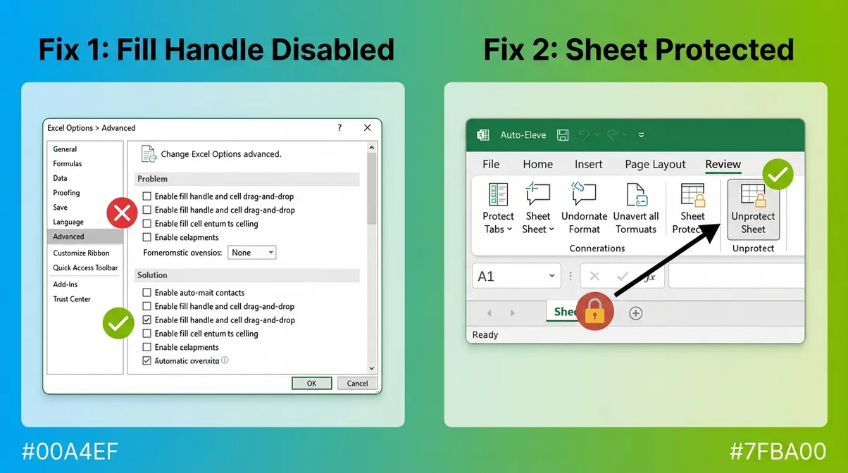 Excel troubleshooting guide showing two fixes for rows that cannot be moved or dragged