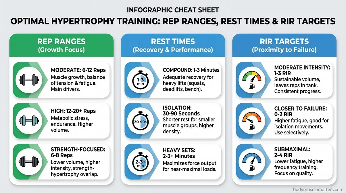 Visual cheat sheet for hypertrophy training variables including optimal rep ranges, rest periods, and reps in reserve