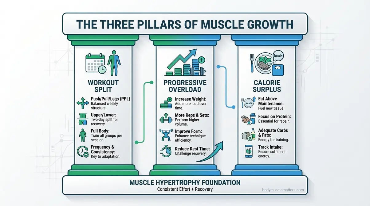 Diagram showing three pillars of muscle gain: workout split, progressive overload, and calorie surplus