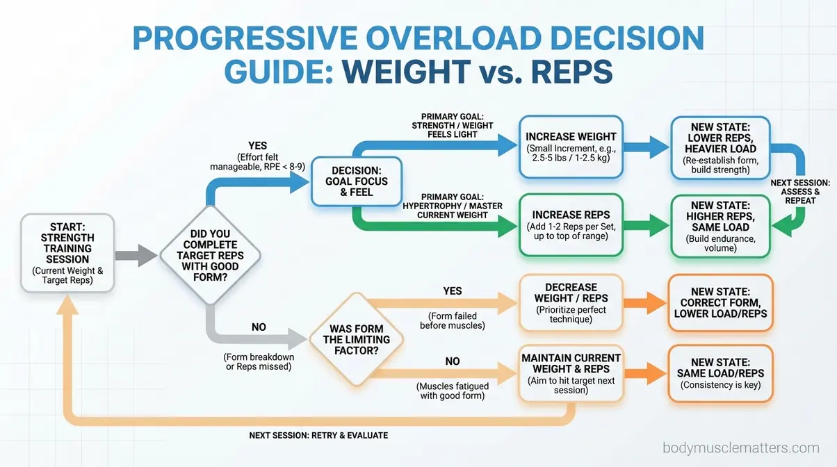 Flowchart showing how to optimise workout routine for muscle gain using progressive overload decisions