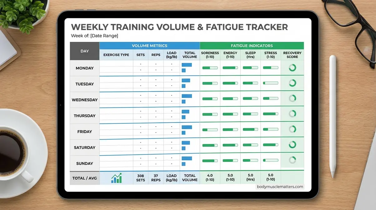 Downloadable weekly training volume and fatigue tracker for muscle gain programme optimisation