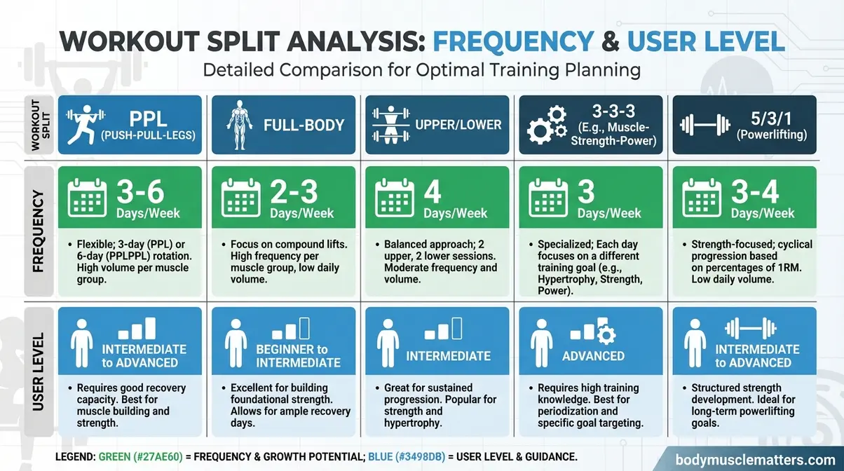Infographic comparing five muscle gain workout splits by frequency, best user, and weekly structure