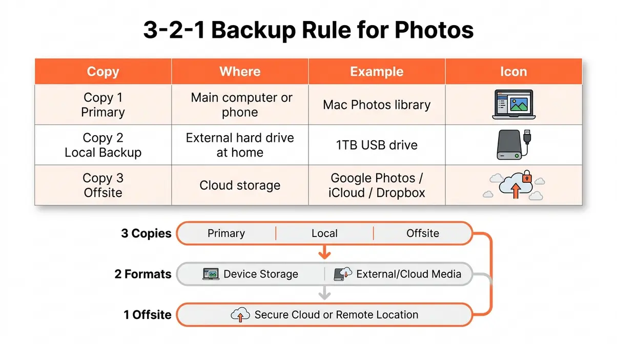 3-2-1 backup rule table comparing local, external drive, and cloud storage copies for photo organization
