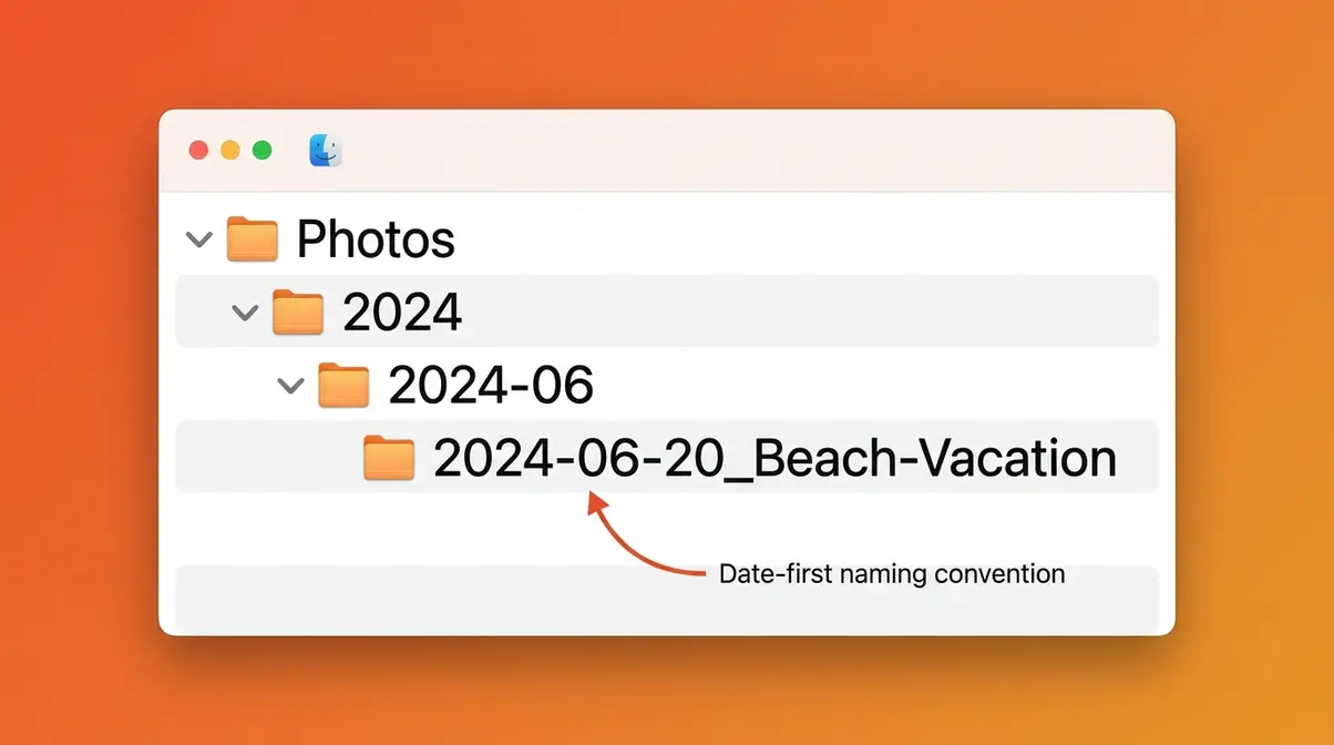 Mac Finder window showing Year Month Event folder structure for organizing digital photos