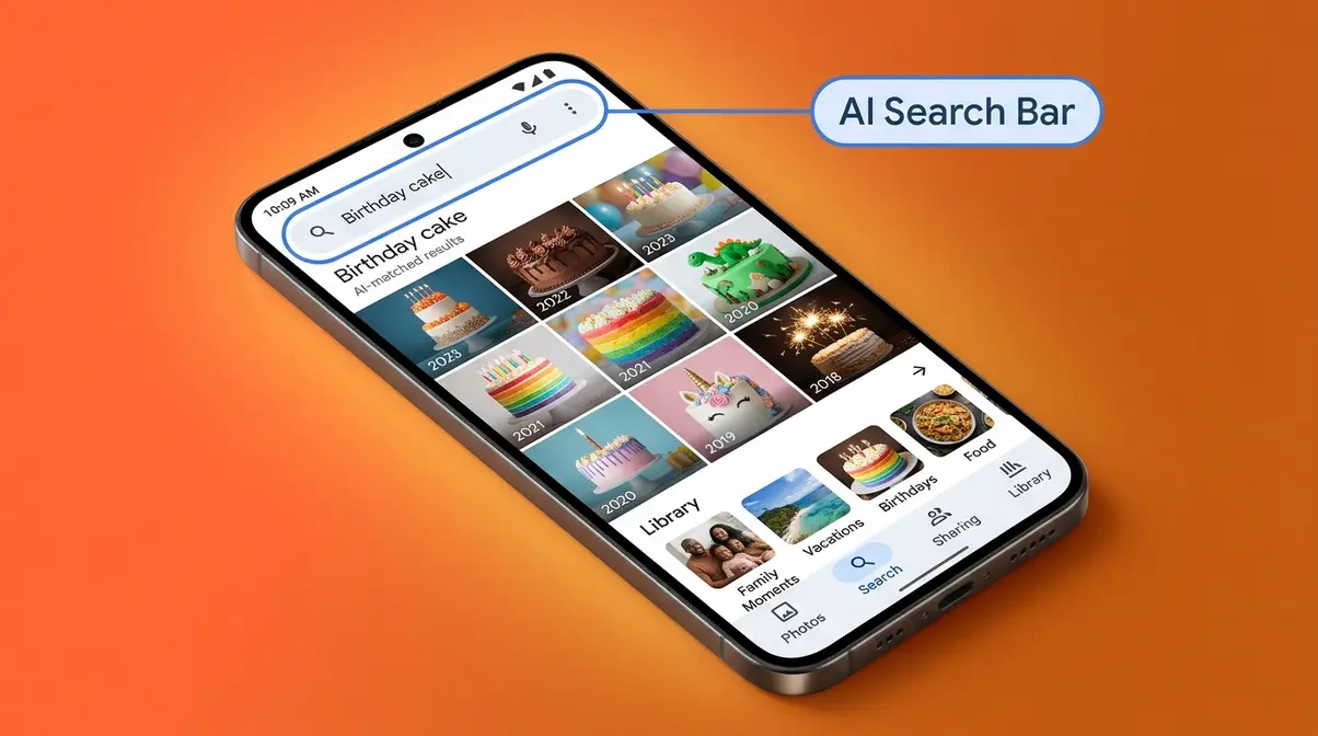 Google Photos AI search showing birthday cake results and labeled album library for photo organization