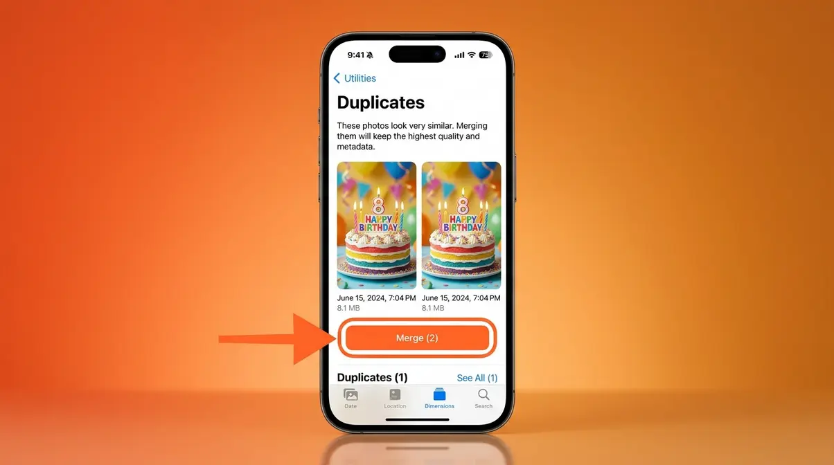 iPhone Duplicates screen showing two near-identical photos side by side with the Merge button highlighted