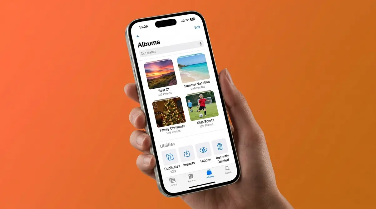 iPhone Photos app showing custom albums and the Duplicates utility for organizing iPhone photos