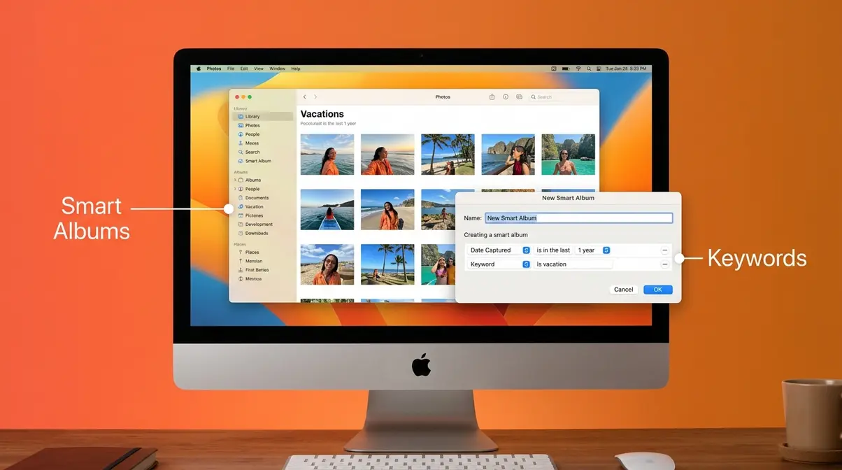 Mac Photos app showing Smart Album creation dialog with date and keyword conditions for organizing photos