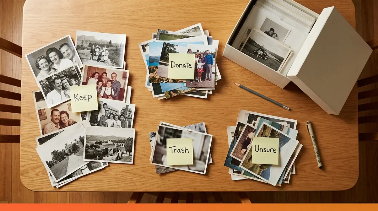 Dining table with printed family photos sorted into Keep, Donate, Trash, and Unsure piles for physical photo organization