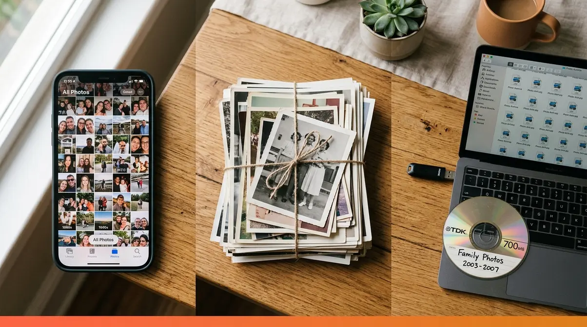 Three photo collection types — smartphone camera roll, printed photos, and digital storage devices on a desk